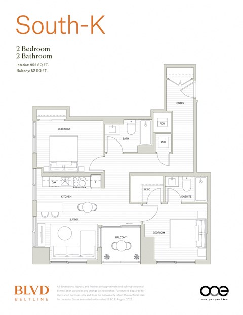 Floor plan for 2 beds, 2 baths, 952 sqft